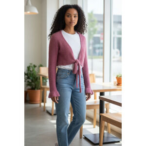 4545) Sugar Thrills Fuzzy Pink Cropped Coquette Cardigan XL